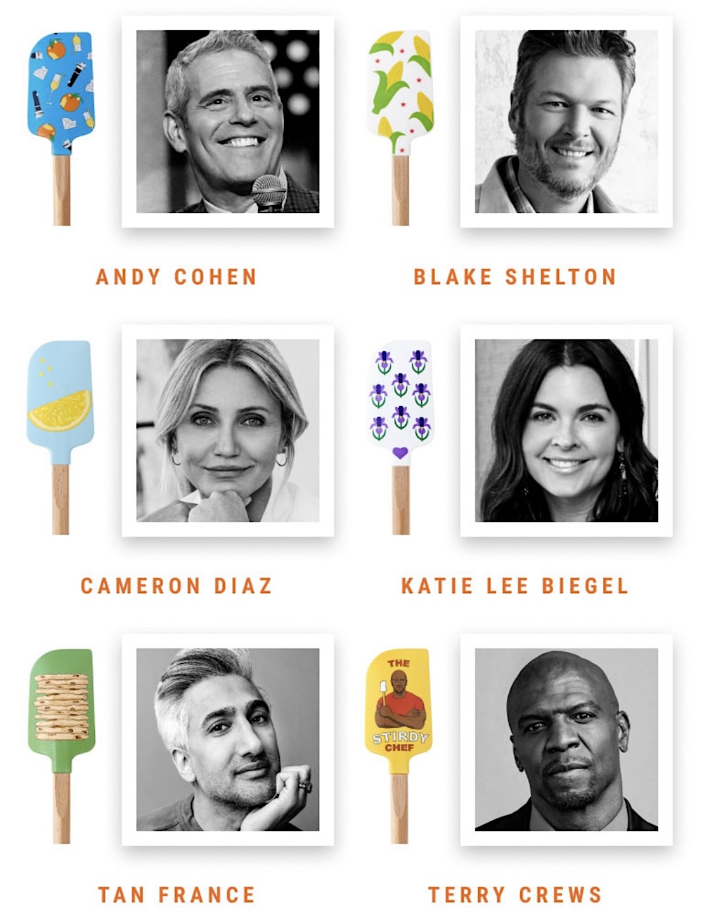 Andy Cohen, Bake Shelton, Cameron Diaz, Katie Lee Biegel, Tan France and Terry Crew and their spatuals